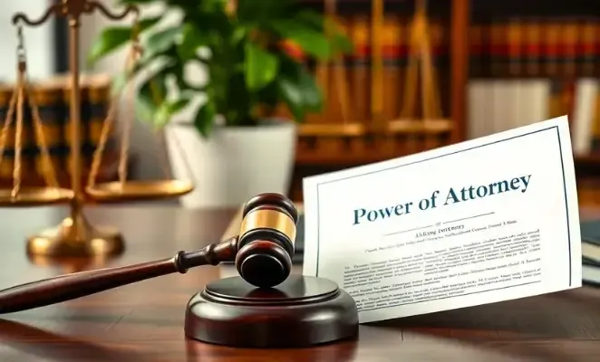 Dokumen Surat Kuasa Wakil dalam urusan hartanah di atas meja dengan tukul hakim