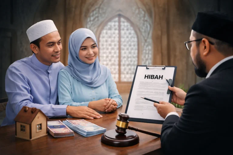 Pasangan Muslim berbincang tentang hibah pengurusan harta bersama peguam syarie di Malaysia