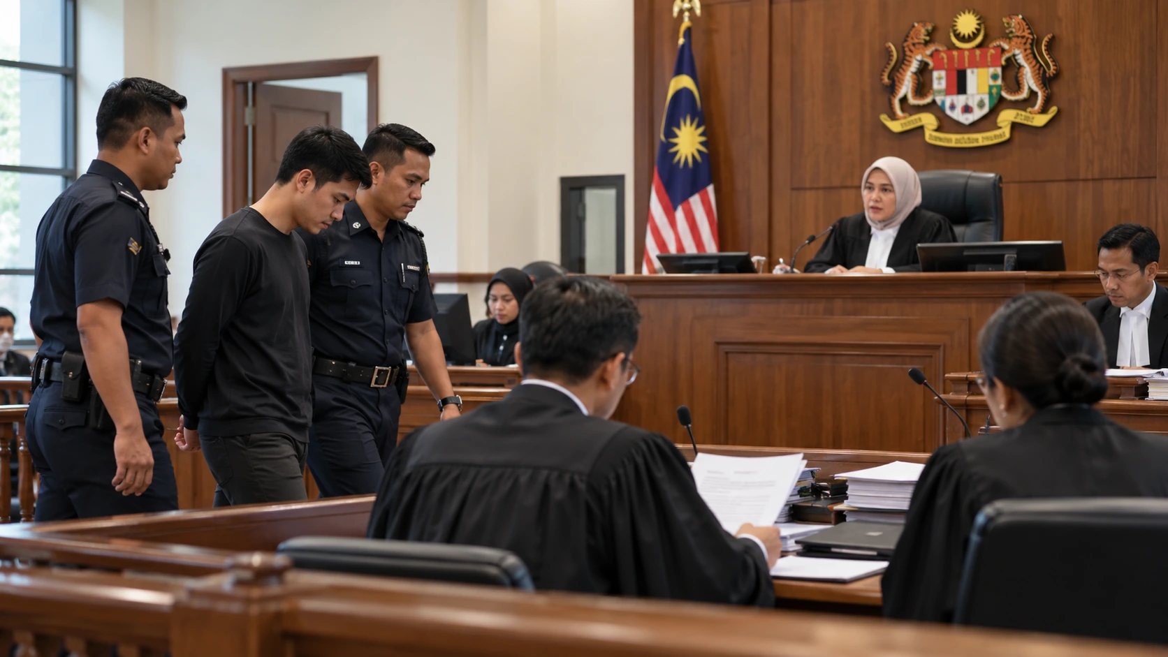 gambar menunjukkan seseorang sedang ditahan oleh anggota polis di mahkamah